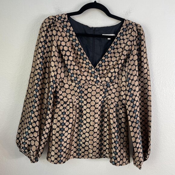 Nanette Lepore Blouse Womens 2 Black Beige Polka Dot Silk Balloon Sleeve Top USA - Picture 9 of 13